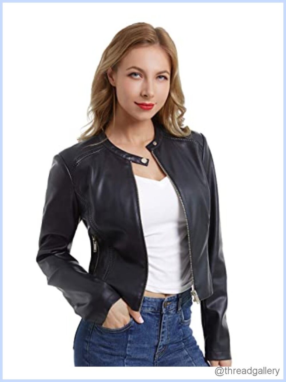 Faux Leather Cropped Moto Biker Jacket Stand Collar Zip Front Long Sleeve